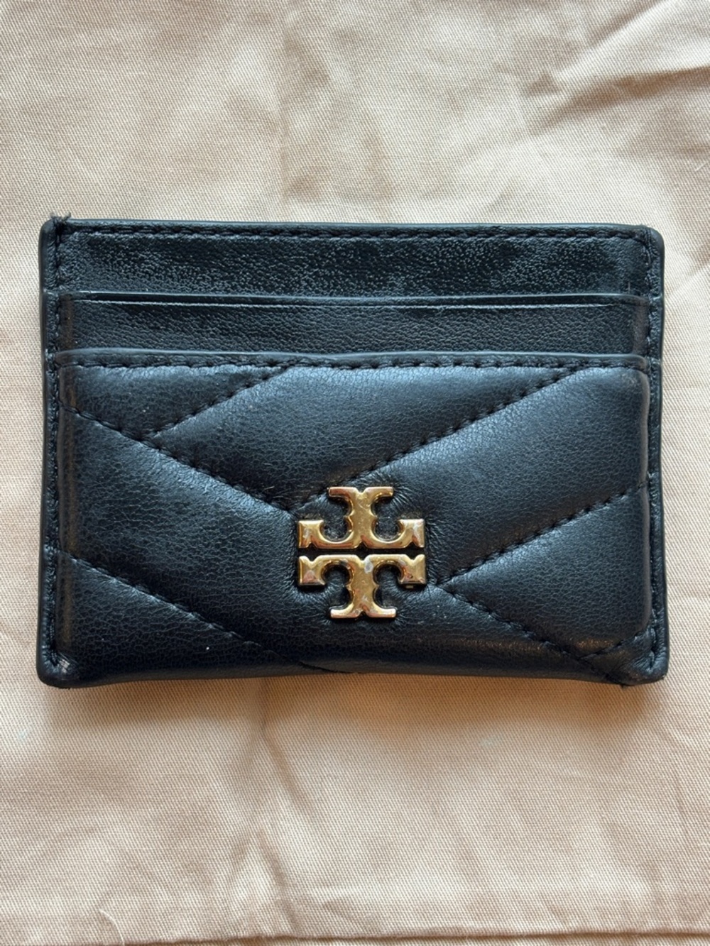 Tory Burch Black Quilted Leather Card Holder with Gold Logo